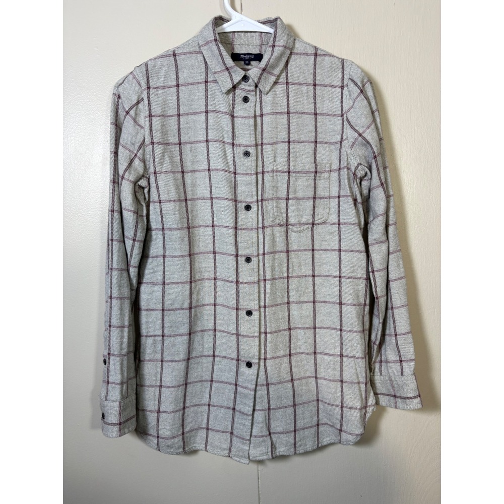 Madewell Grey Burgundy Windowpane Plaid Flannel Button Down Shirt XS Cottagecore